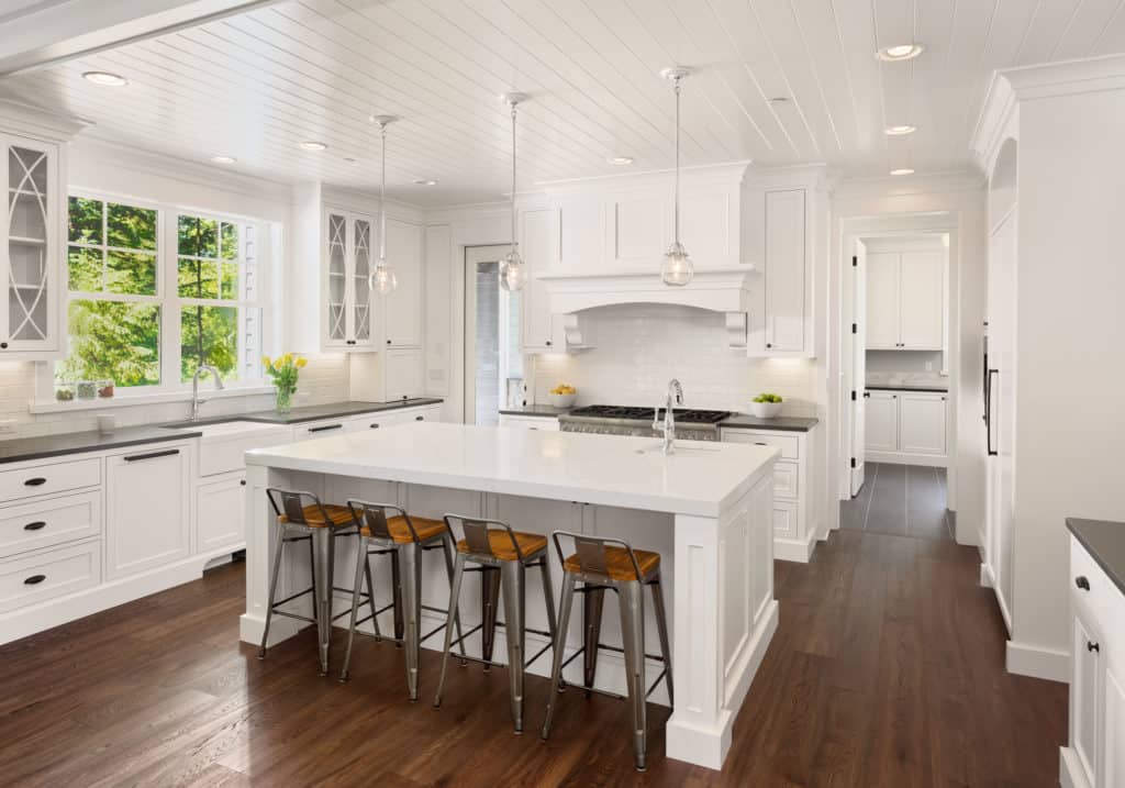 Cabinets kitchen island quartz contrast gray white grey cabinet ideas contrasting colors farmhouse turned ish love our choose board between